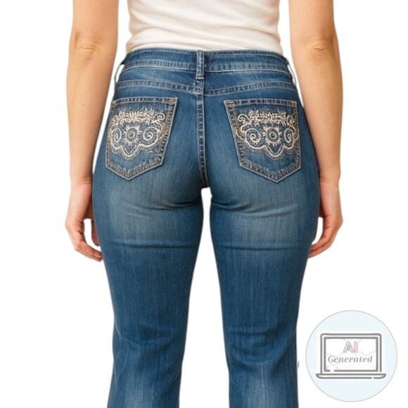 Shyanne Womens Bootcut Jeans Mid Rise Stretch Denim Embellished Pockets Size 30L - Picture 1 of 13